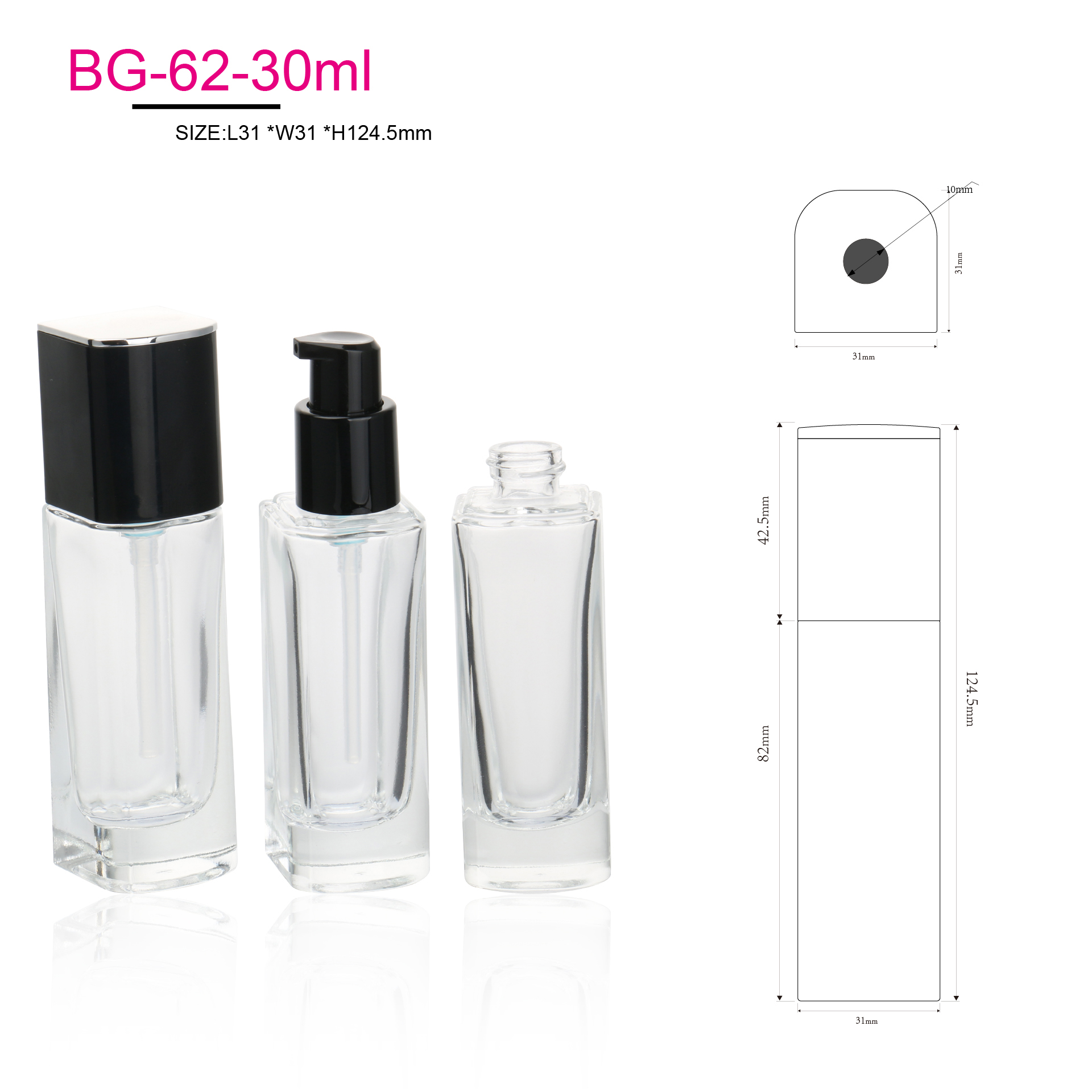 Cosmetic Packaging Container Empty Skincare Set Bottle Transparent Glass Lotion Serum Pump Bottle With Black Lid