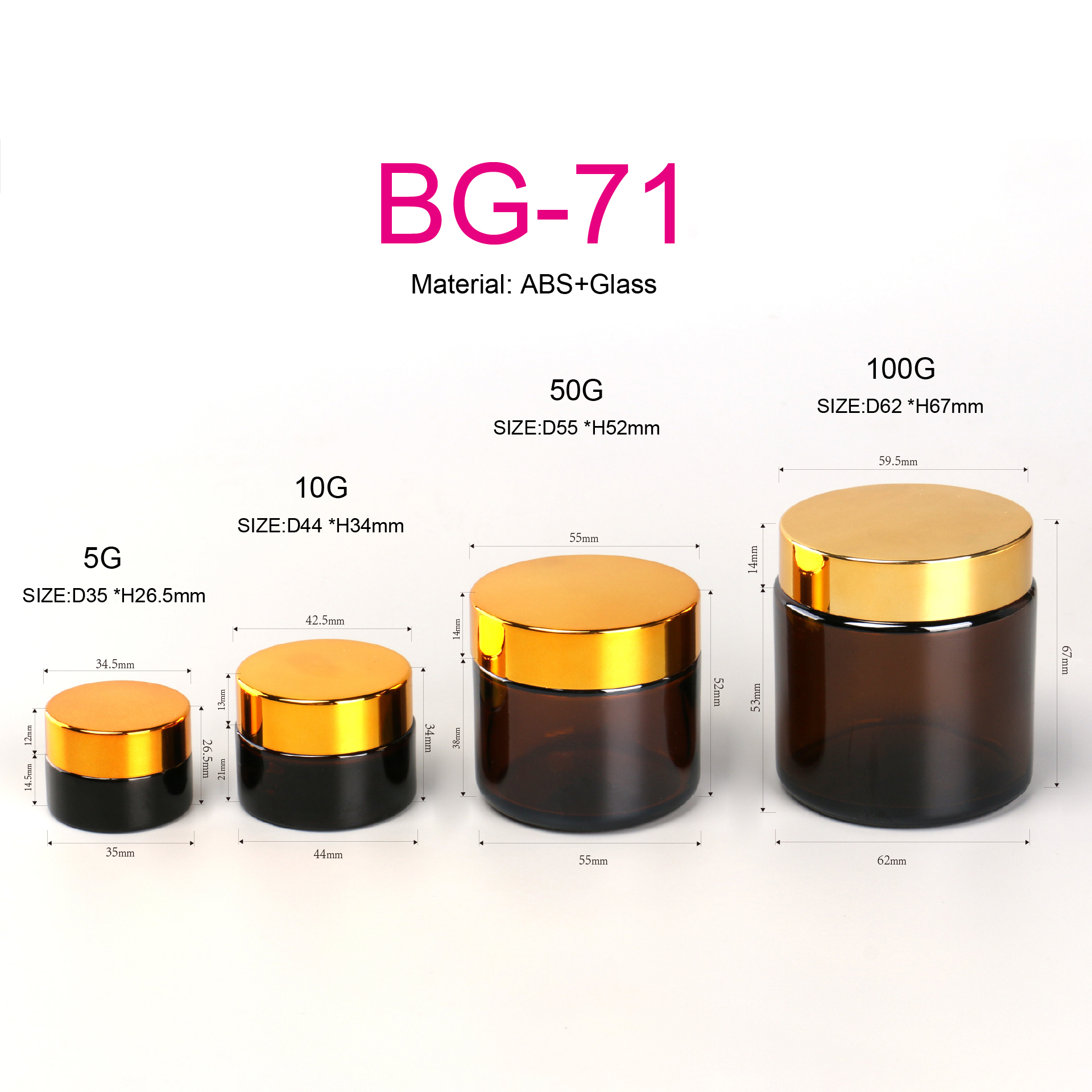 Round Face Eye Cream Body Mask Container 5g 10g 50g 100g Amber Glass Cosmetic Jars With Gold Lid