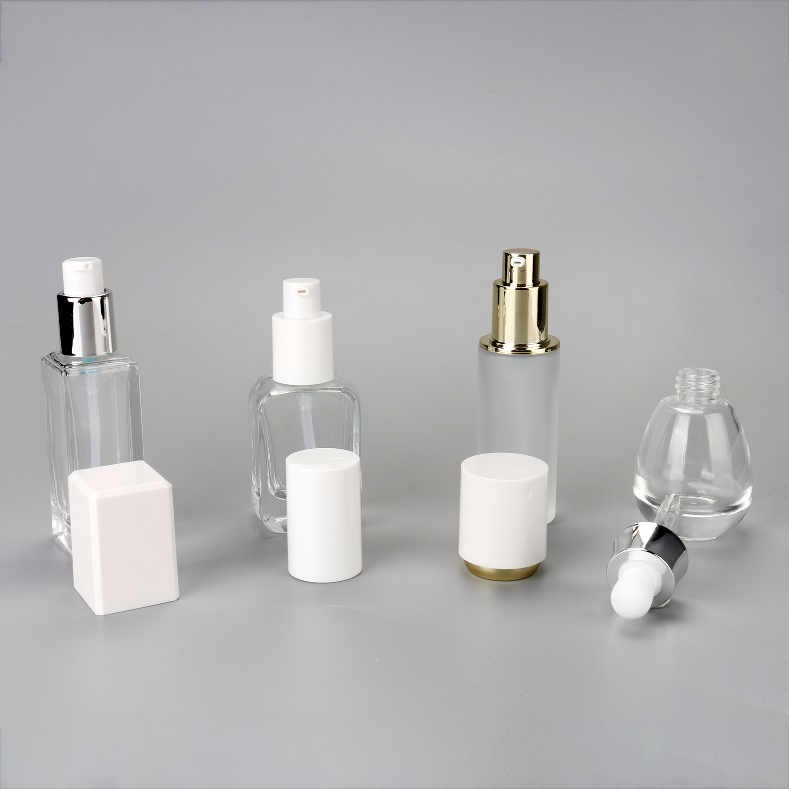 Essential Oil Glass Bottle Skincare Cream Lotion Bottle 30ml Clear Frosted Glass Cosmetic Packaging Bottle Set