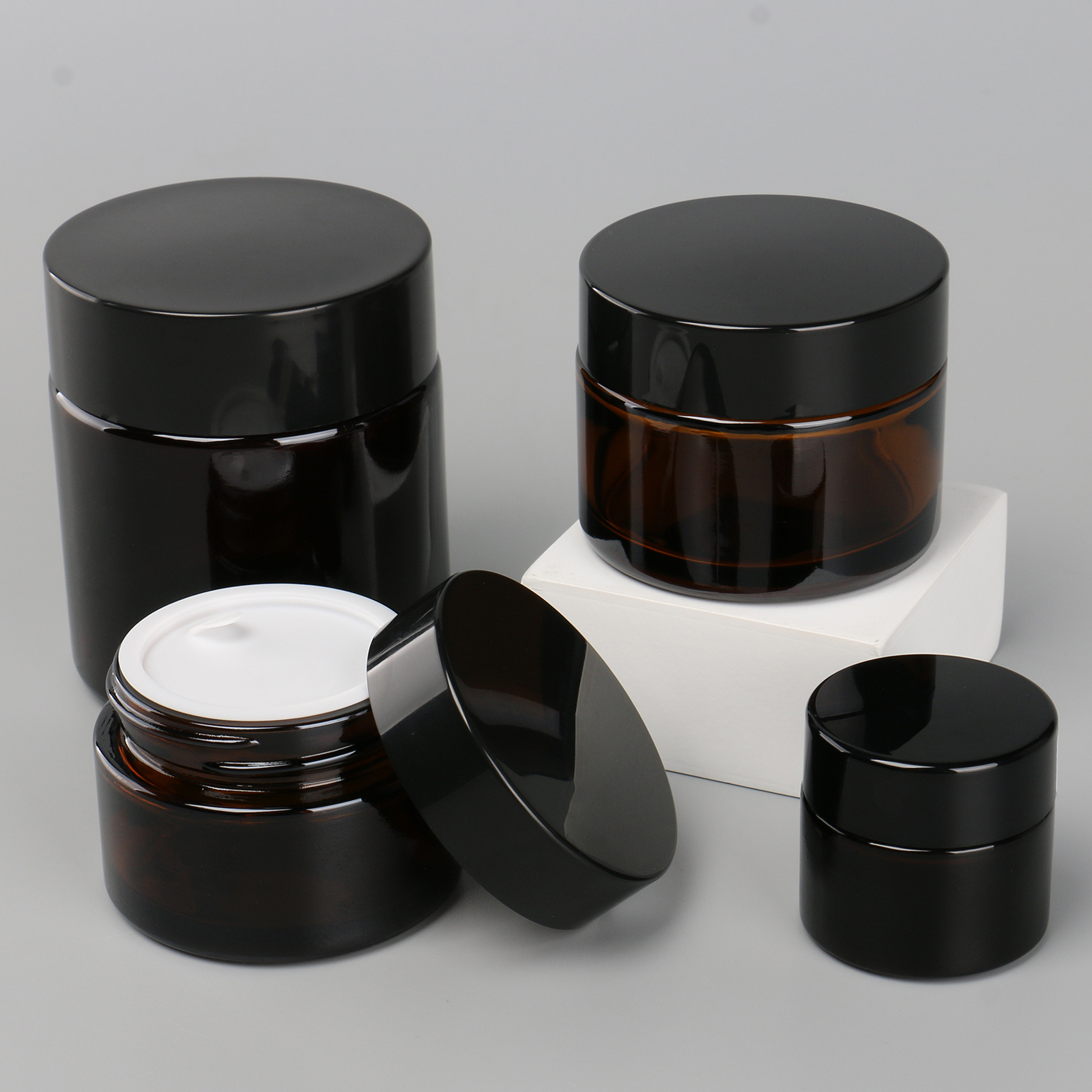 5g 10g 50g 100g Round Amber Face Cream Jar Brown Glass Cosmetic Candle Jar With Black Screw Plastic Cap