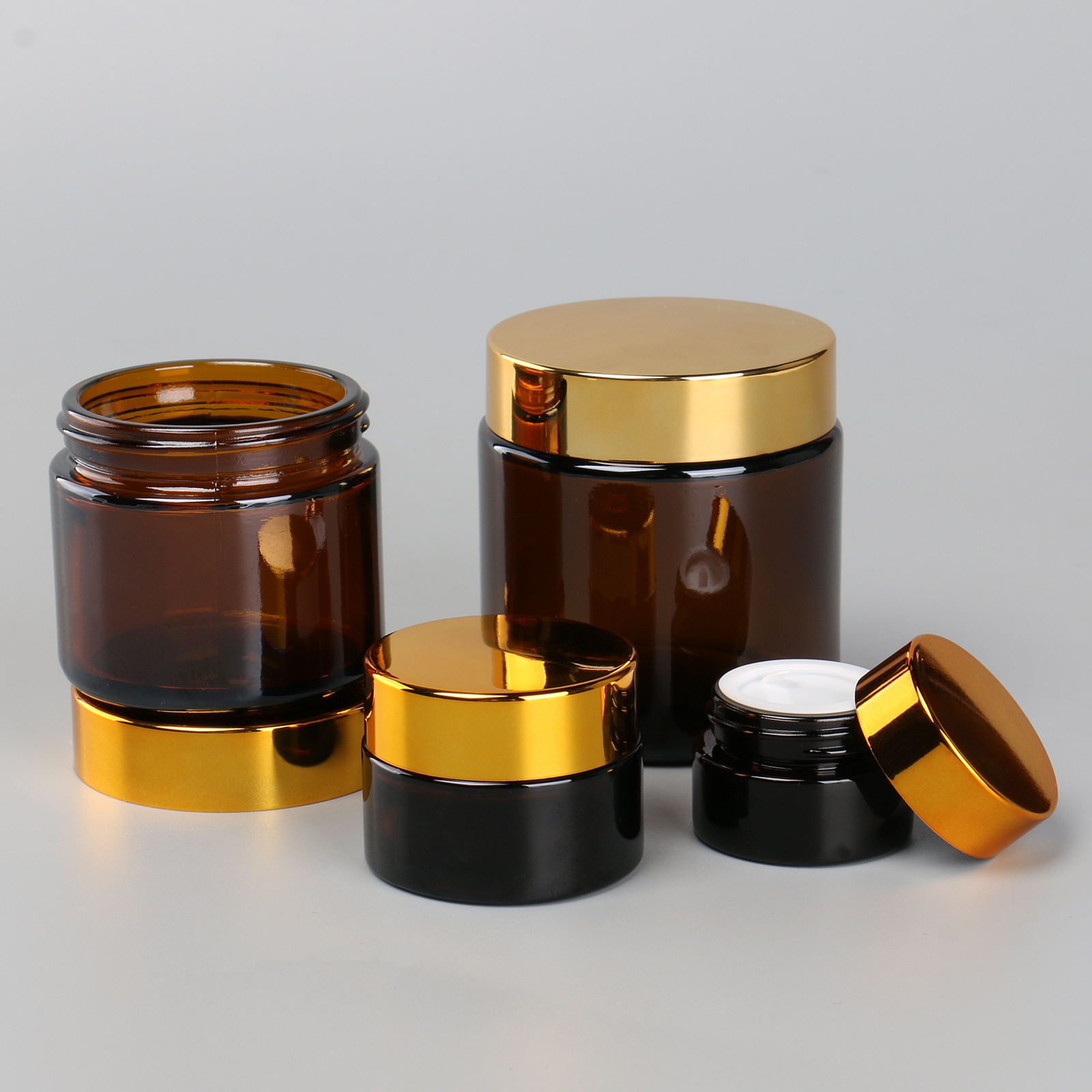 Round Face Eye Cream Body Mask Container 5g 10g 50g 100g Amber Glass Cosmetic Jars With Gold Lid