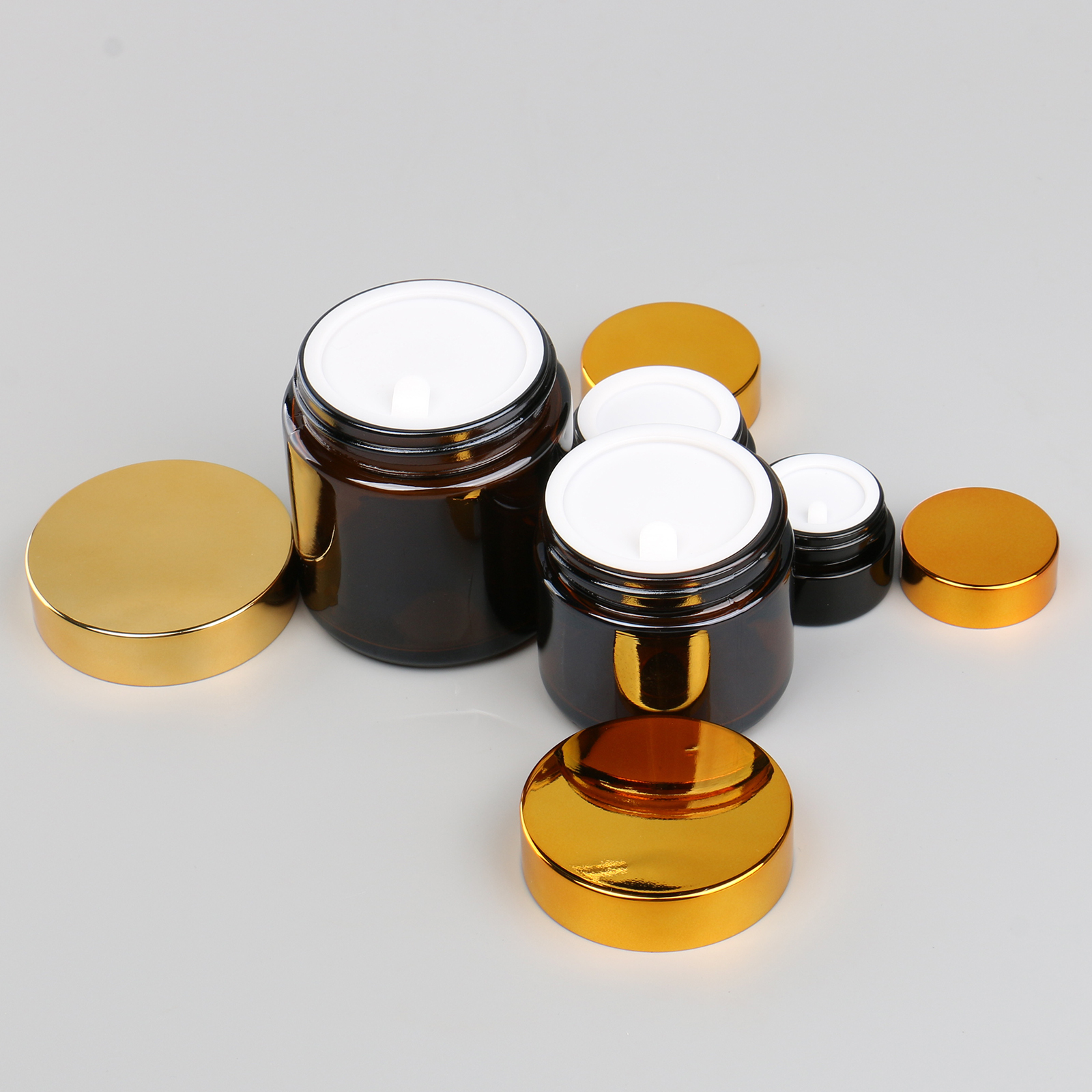 Round Face Eye Cream Body Mask Container 5g 10g 50g 100g Amber Glass Cosmetic Jars With Gold Lid