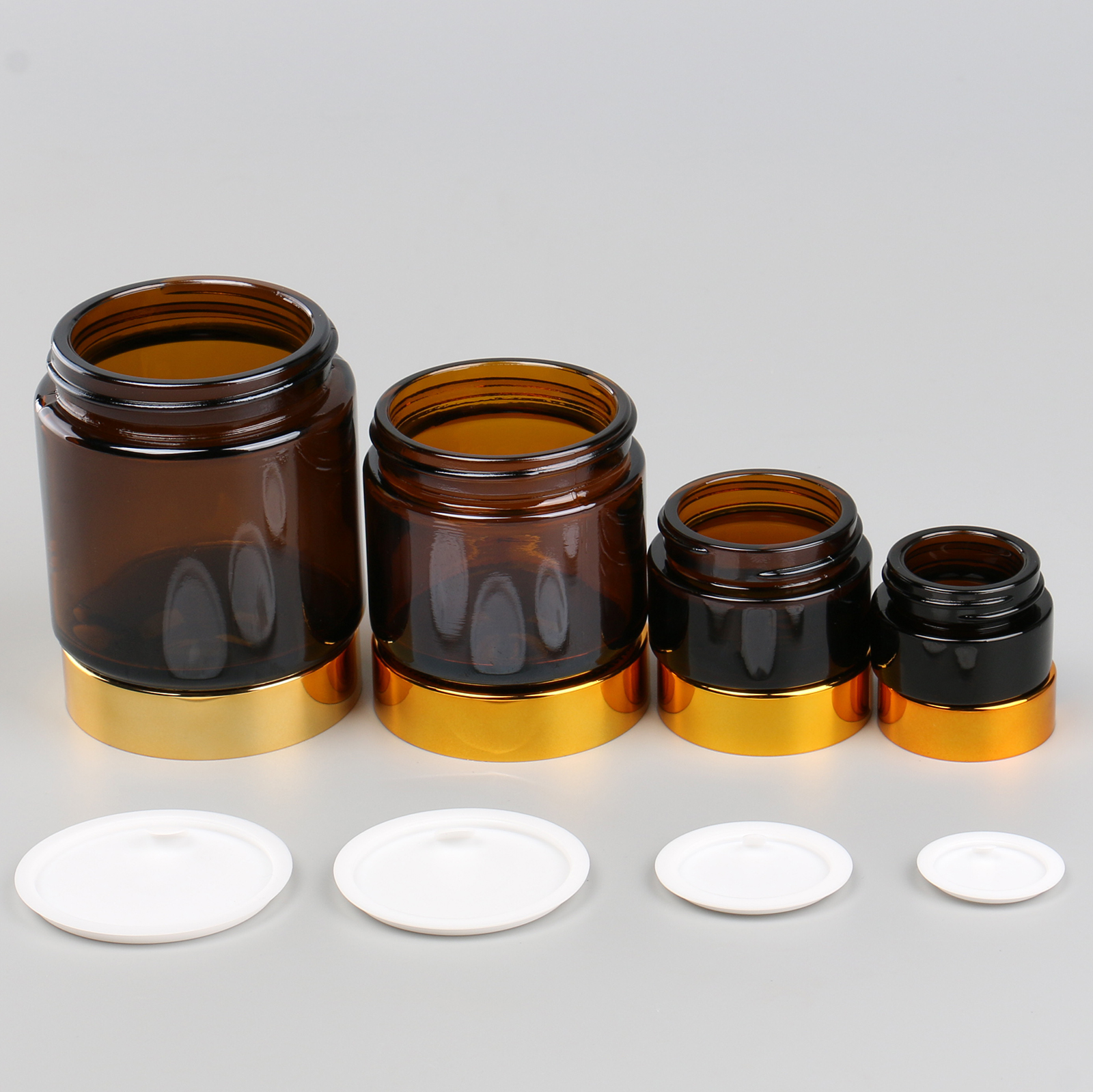 Round Face Eye Cream Body Mask Container 5g 10g 50g 100g Amber Glass Cosmetic Jars With Gold Lid