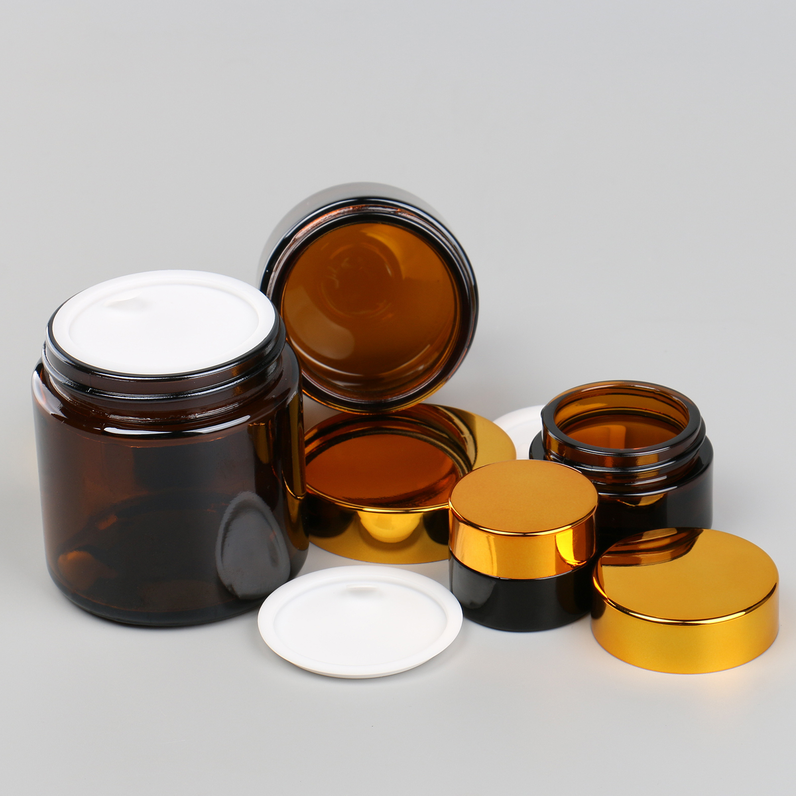 Round Face Eye Cream Body Mask Container 5g 10g 50g 100g Amber Glass Cosmetic Jars With Gold Lid