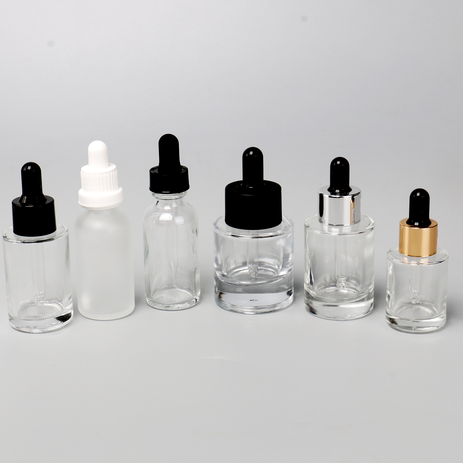 Luxury Clear Frosted 1oz 30ml Round Flat Shoulder Cylinder Glass Skin Care Serum Dropper Bottle For Essential Oil