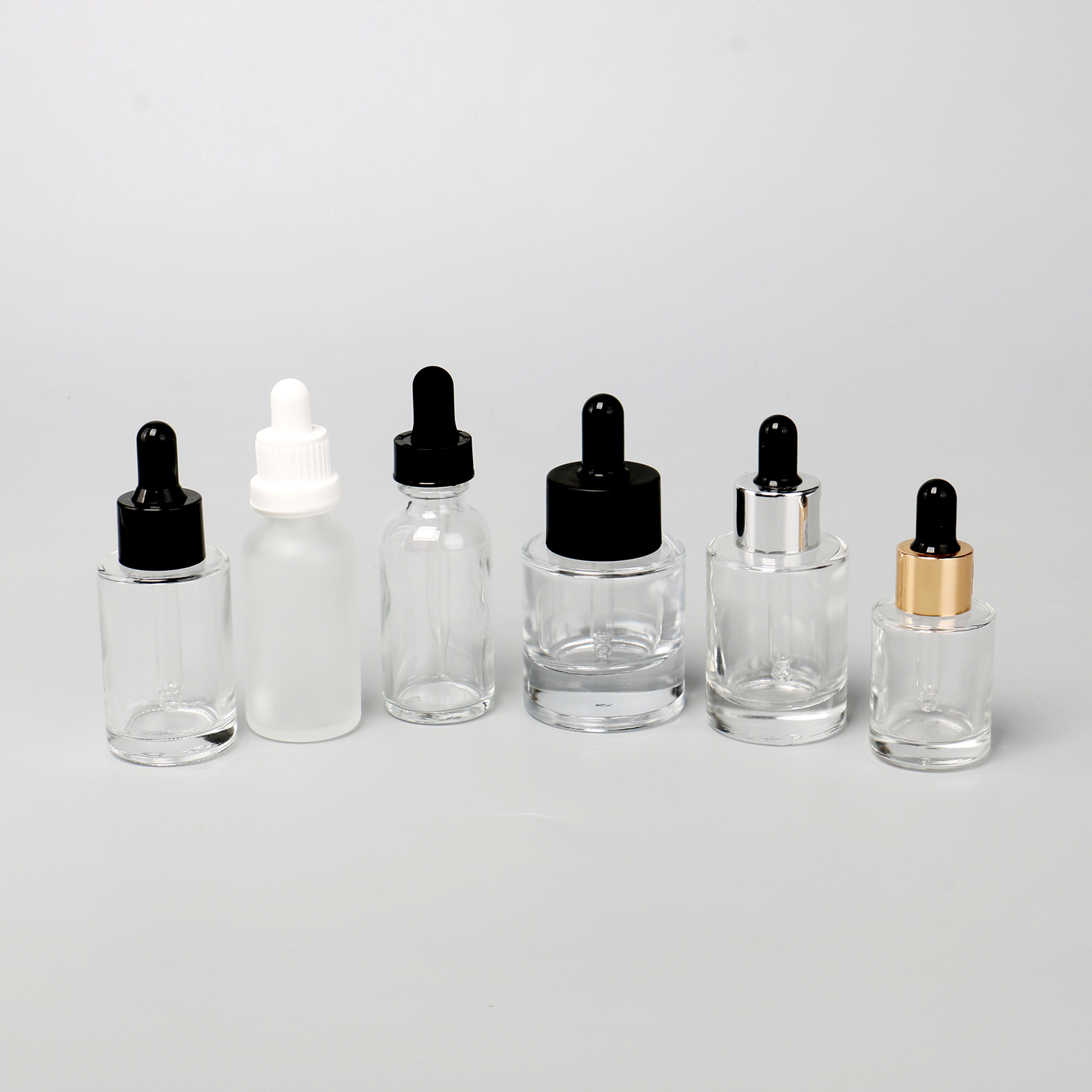 Luxury Clear Frosted 1oz 30ml Round Flat Shoulder Cylinder Glass Skin Care Serum Dropper Bottle For Essential Oil