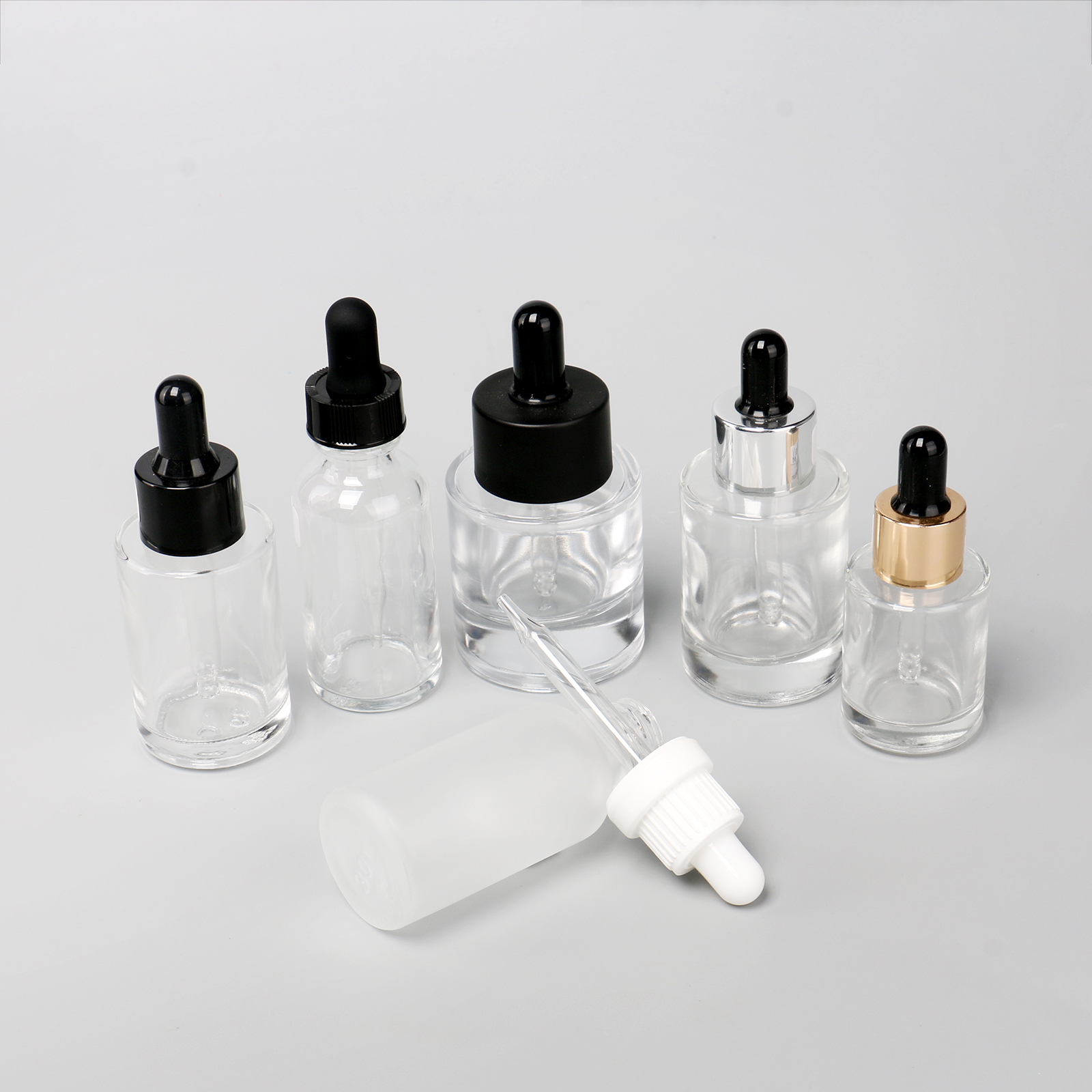 Luxury Clear Frosted 1oz 30ml Round Flat Shoulder Cylinder Glass Skin Care Serum Dropper Bottle For Essential Oil