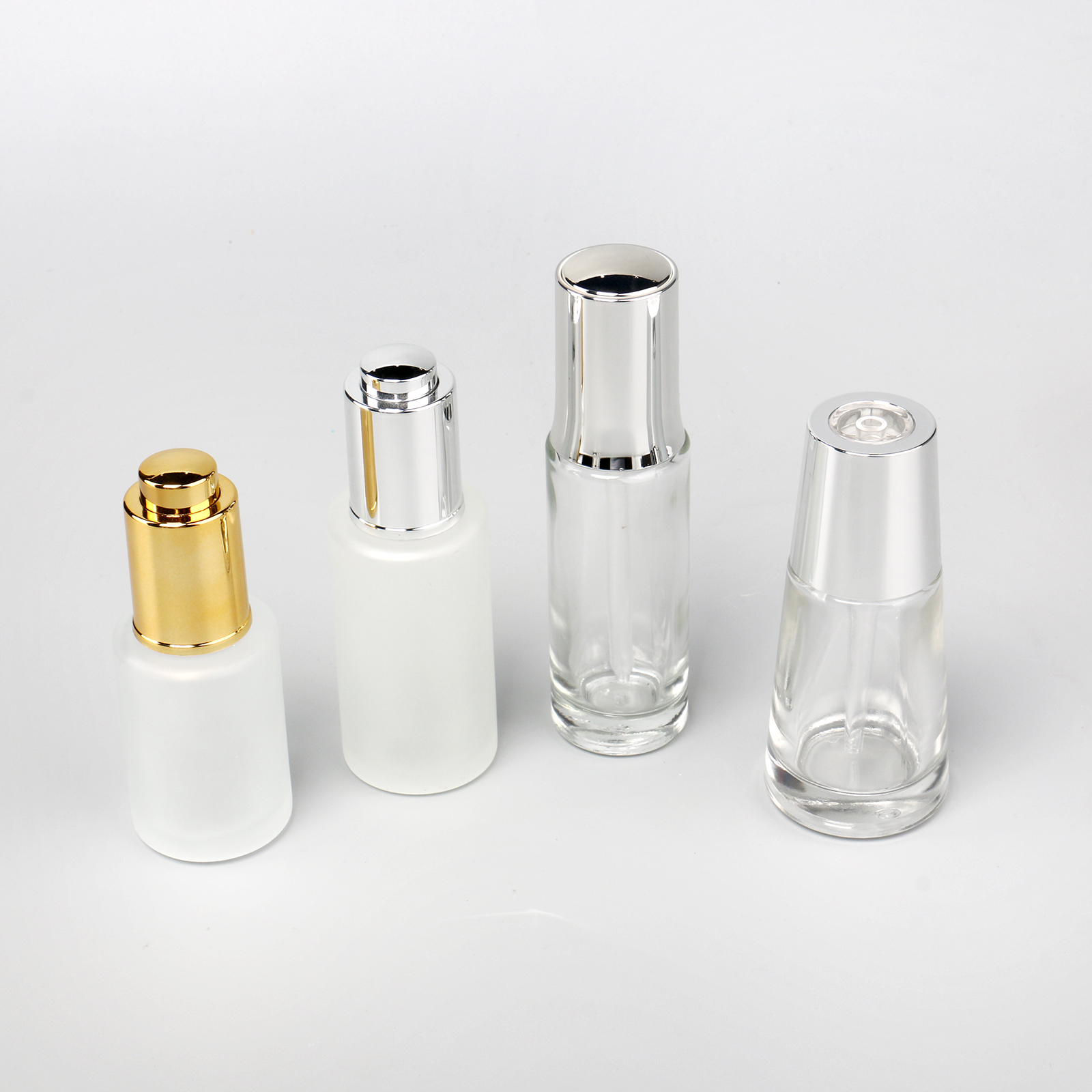 Push Button Flat Shoulder 20ml 30ml Essential Oil Bottle Clear Frosted Cosmetic Glass Dropper Bottles With Gold Silver Cap