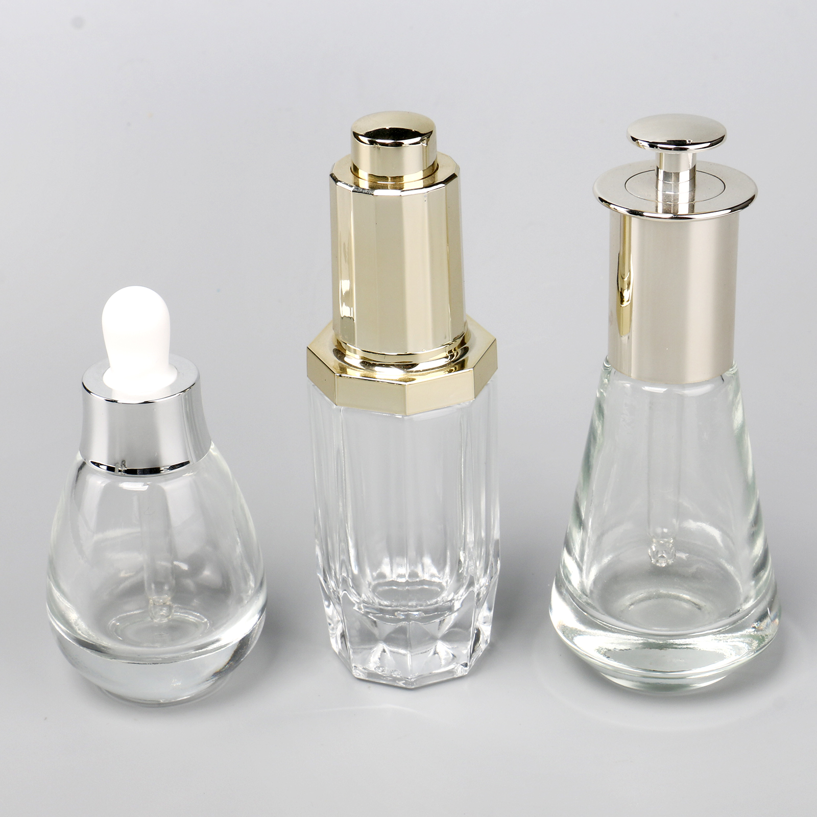 Push Button Flat Shoulder 20ml 30ml Essential Oil Bottle Clear Frosted Cosmetic Glass Dropper Bottles With Gold Silver Cap