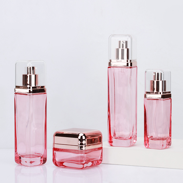 Custom Luxury Glass Face Cream Skincare Packaging Bottle And Jar Empty Square Lotion Pump Pink Cosmetic Glass Bottle