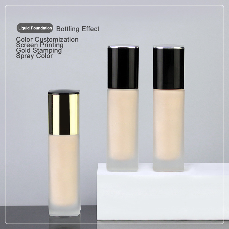 Luxury Cosmetics Packaging Square 30ml Black Golden Lotion Liquid Foundation Container Glass Bottle With Pump