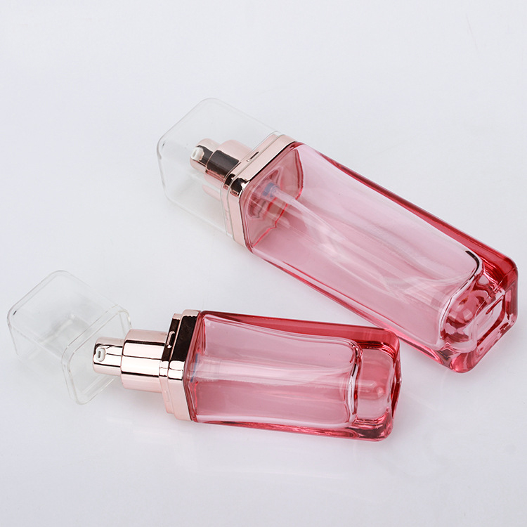 Custom Luxury Glass Face Cream Skincare Packaging Bottle And Jar Empty Square Lotion Pump Pink Cosmetic Glass Bottle