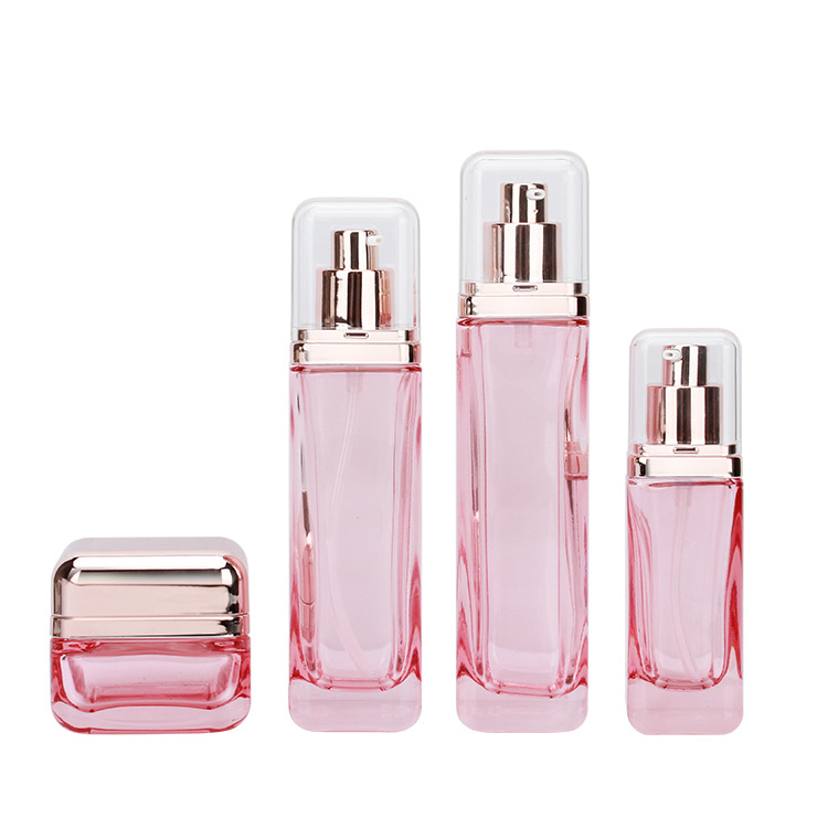 Custom Luxury Glass Face Cream Skincare Packaging Bottle And Jar Empty Square Lotion Pump Pink Cosmetic Glass Bottle