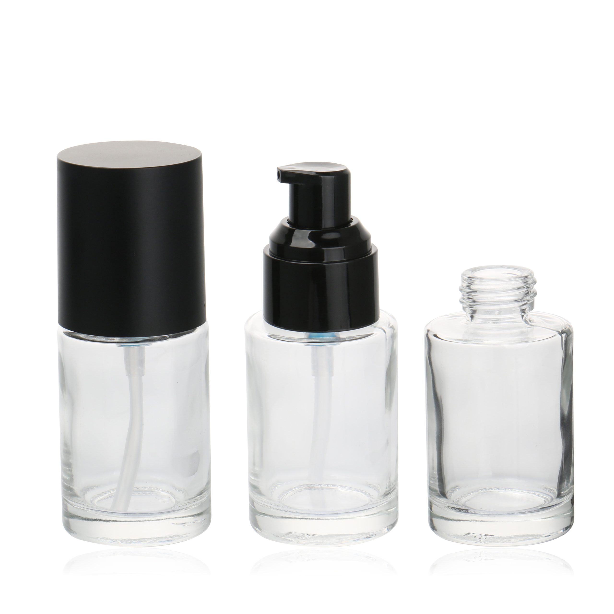 Cosmetic Packaging Container Empty Skincare Set Bottle Transparent Glass Lotion Serum Pump Bottle With Black Lid