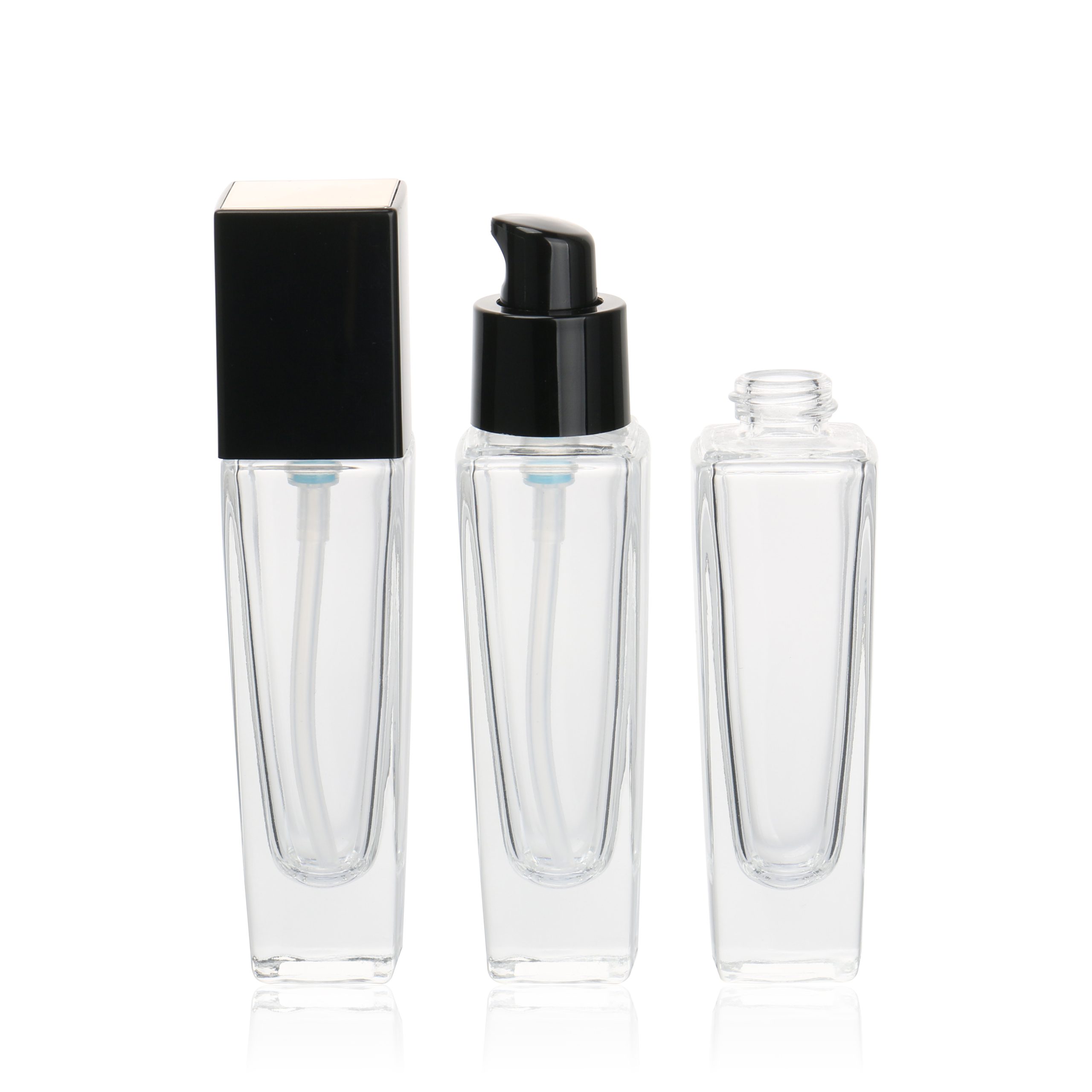 Cosmetic Packaging Container Empty Skincare Set Bottle Transparent Glass Lotion Serum Pump Bottle With Black Lid