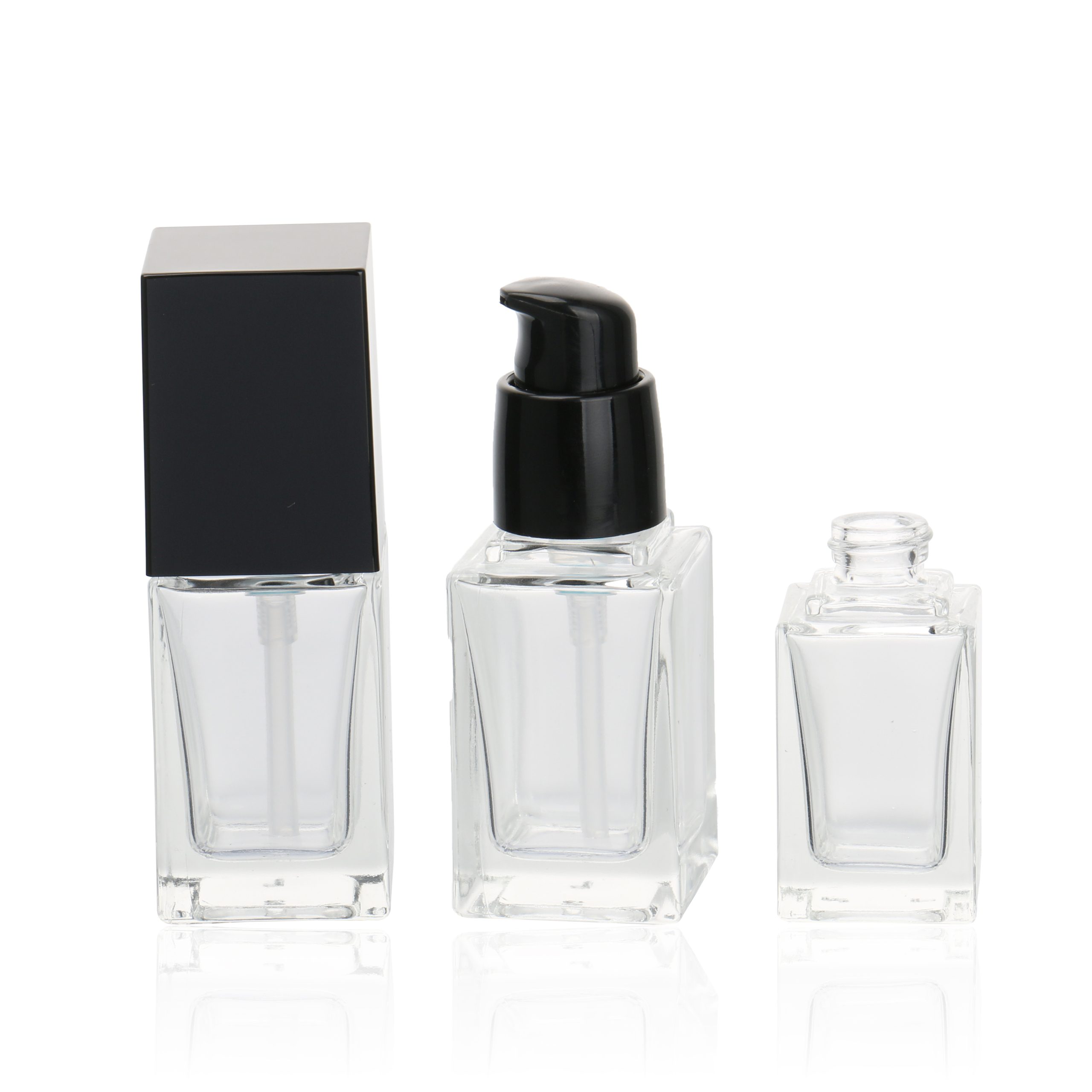 Cosmetic Packaging Container Empty Skincare Set Bottle Transparent Glass Lotion Serum Pump Bottle With Black Lid