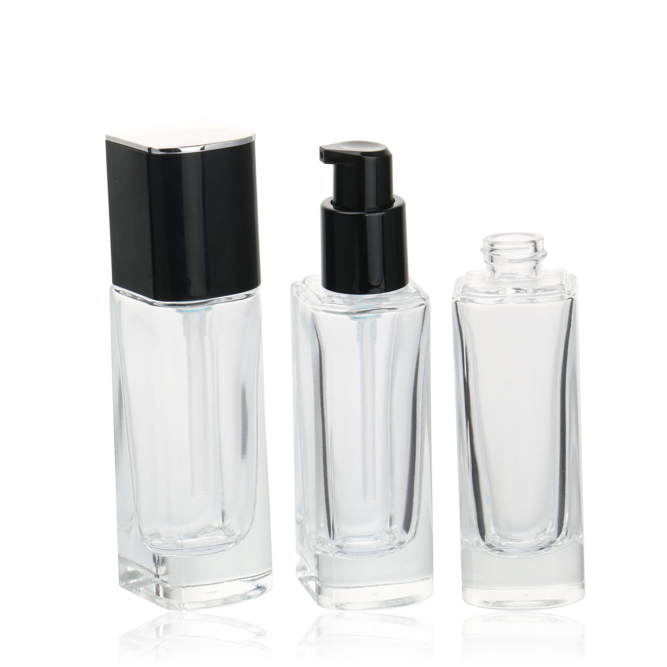 Cosmetic Packaging Container Empty Skincare Set Bottle Transparent Glass Lotion Serum Pump Bottle With Black Lid