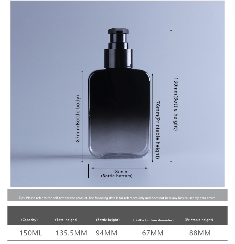 150ml Gradient Black Flat Slant Shoulder Cosmetic Bottle PET Plastic Shampoo Bottles With Pump For Sanitizer Liquid Hand Soap