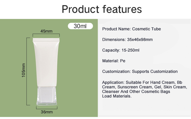 Square Acrylic Cover Lotion Cleanser Foam Cosmetic Tube Flat 30ml Sunscreen Cream White Empty PE Plastic Soft Tube