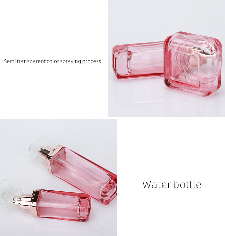 Custom Luxury Glass Face Cream Skincare Packaging Bottle And Jar Empty Square Lotion Pump Pink Cosmetic Glass Bottle