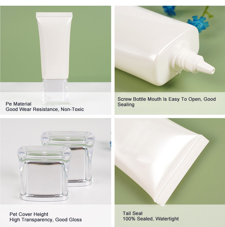 Square Acrylic Cover Lotion Cleanser Foam Cosmetic Tube Flat 30ml Sunscreen Cream White Empty PE Plastic Soft Tube