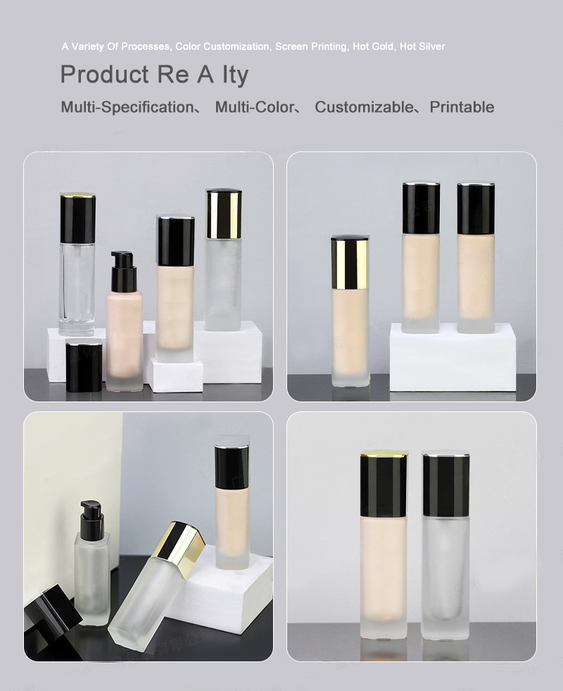 Luxury Cosmetics Packaging Square 30ml Black Golden Lotion Liquid Foundation Container Glass Bottle With Pump