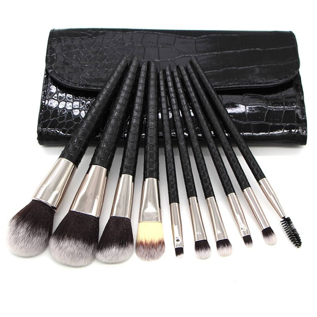 Nylon Hair Soft Makeup Brush 10pcs Custom Private Label Crocodile Pattern Handle Makeup Brush Set With Bag