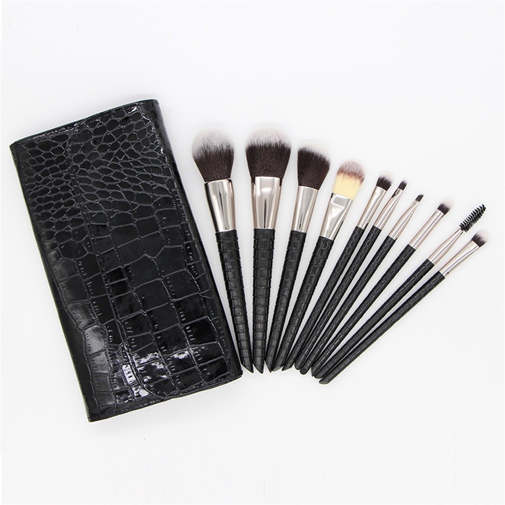 Nylon Hair Soft Makeup Brush 10pcs Custom Private Label Crocodile Pattern Handle Makeup Brush Set With Bag