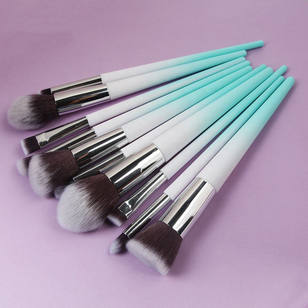 10pcs Gradient Blue White Shiny Silver Handle Soft Makeup Tools High Quality Professional Makeup Brush Set