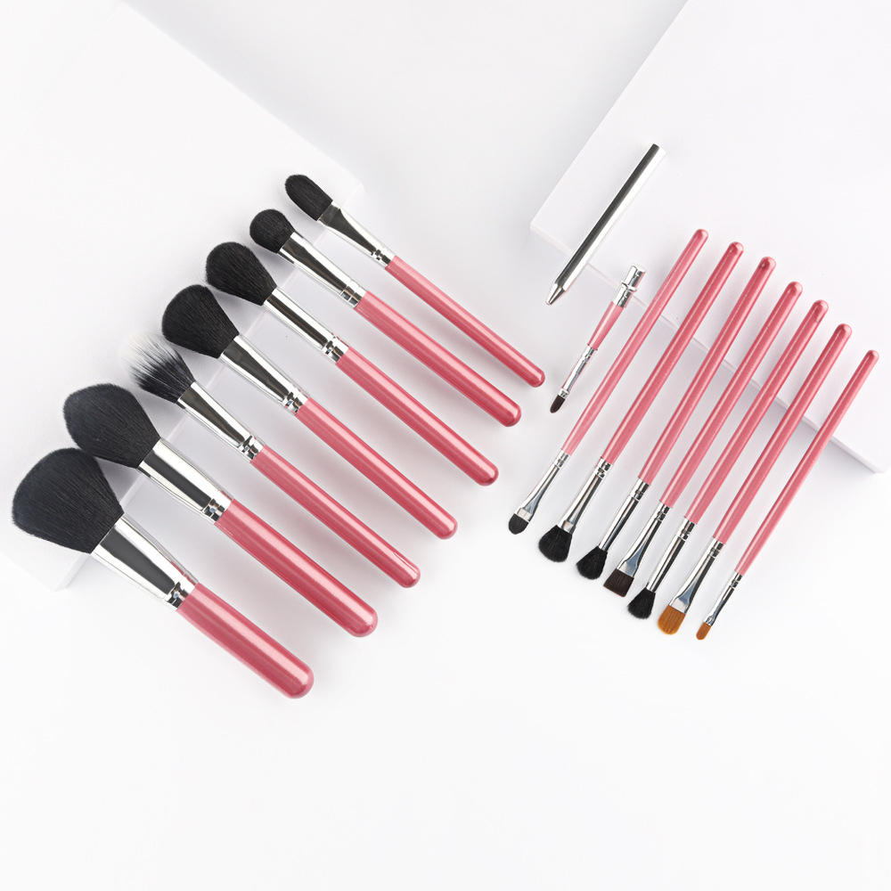 Custom Logo 15pcs Makeup Tools Wood Pink Handle Soft Synthetic Hair Brush Makeup Wholesale Makeup Brushes Set