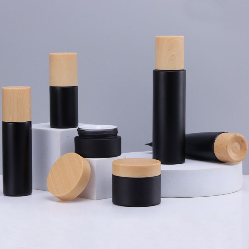 Matte Black Glass Bottle 30ml 50ml 100 Ml 120 Ml Serum Bottle And 30g 50g Matte Black Glass Jar With Wooden Plastic Lid