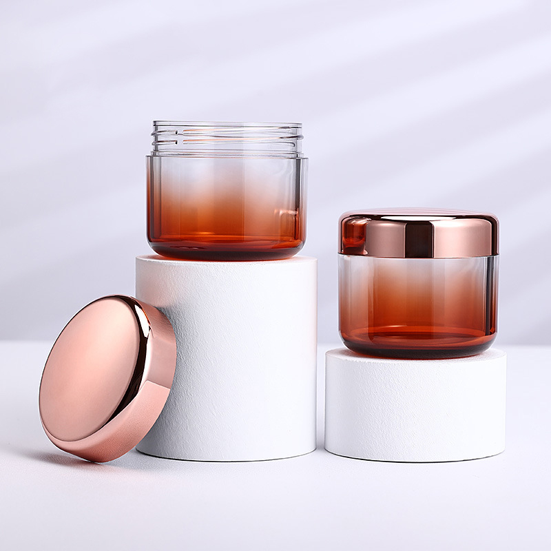 Custom Skin Care Container 100ml Thick-Walled Pot Gradient Color Cream Jar PET Plastic Cream Jar With Rose Gold Lid