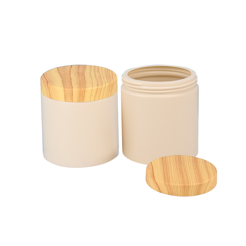 500ml Recycled Cream Cosmetic Packaging Large Capacity PE Plastic Body Butter Cosmetic Cream Jar With Wood Cap