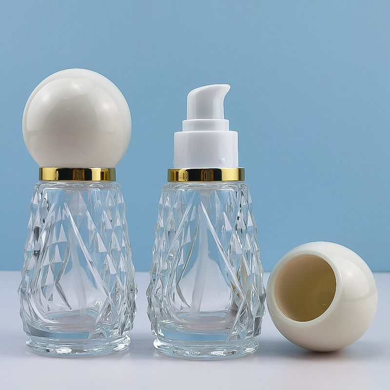 Custom Bulbs Shape Private Label Lotion Bottle Liquid Essence Oil Press Pump 50ml Clear Glass Serum Foundation Bottle