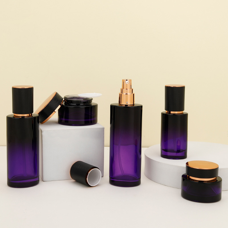 Luxury 40ml 100ml 120ml Purple Skincare Cosmetics Packaging Face Cream Lotion Glass Essential Oil Bottles Cosmetic Bottle Sets