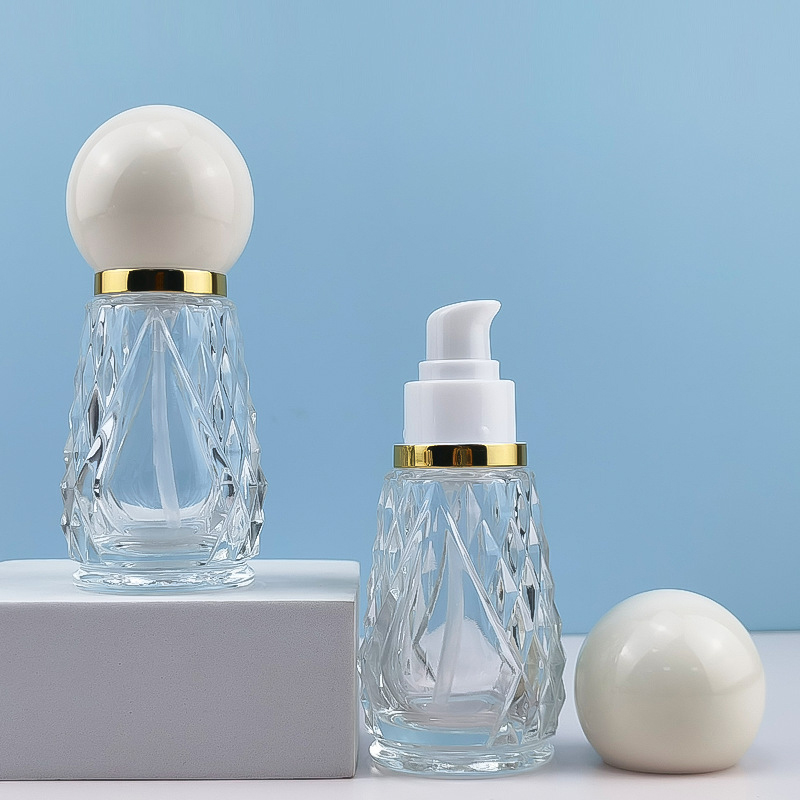 Custom Bulbs Shape Private Label Lotion Bottle Liquid Essence Oil Press Pump 50ml Clear Glass Serum Foundation Bottle