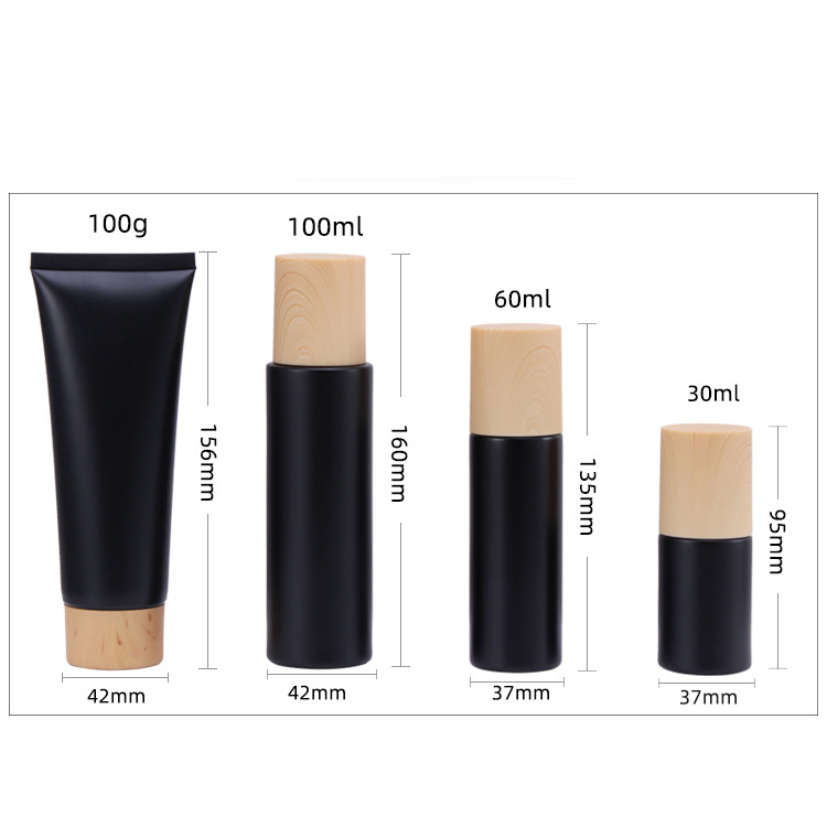 Matte Black Glass Bottle 30ml 50ml 100 Ml 120 Ml Serum Bottle And 30g 50g Matte Black Glass Jar With Wooden Plastic Lid