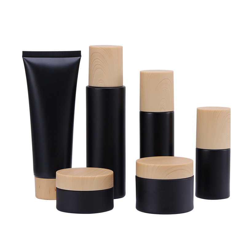 Matte Black Glass Bottle 30ml 50ml 100 Ml 120 Ml Serum Bottle And 30g 50g Matte Black Glass Jar With Wooden Plastic Lid