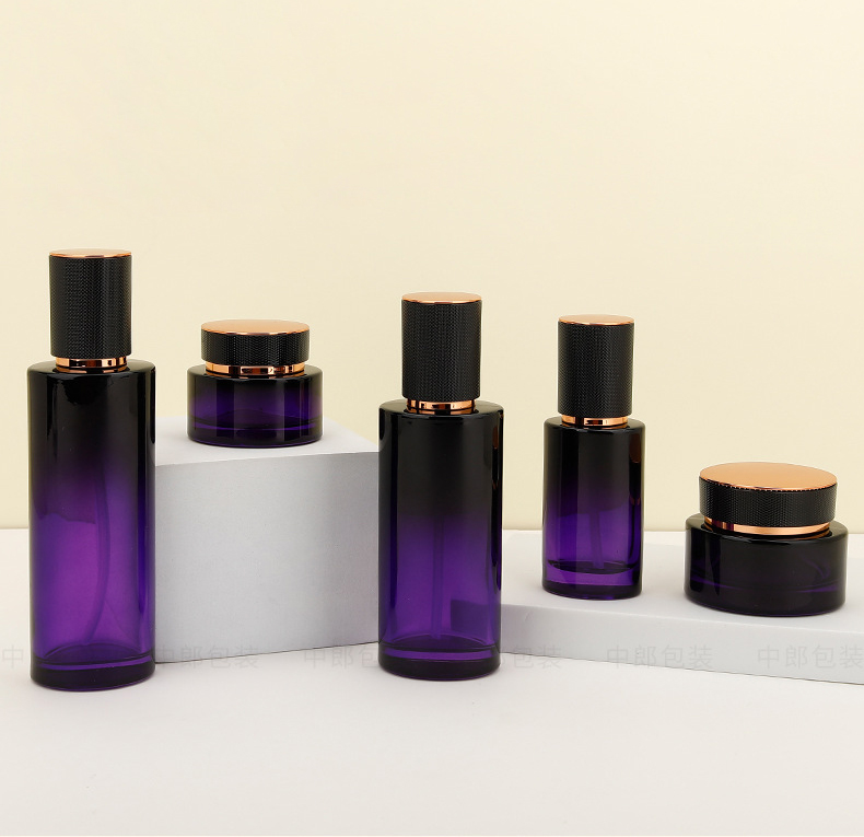 Luxury 40ml 100ml 120ml Purple Skincare Cosmetics Packaging Face Cream Lotion Glass Essential Oil Bottles Cosmetic Bottle Sets