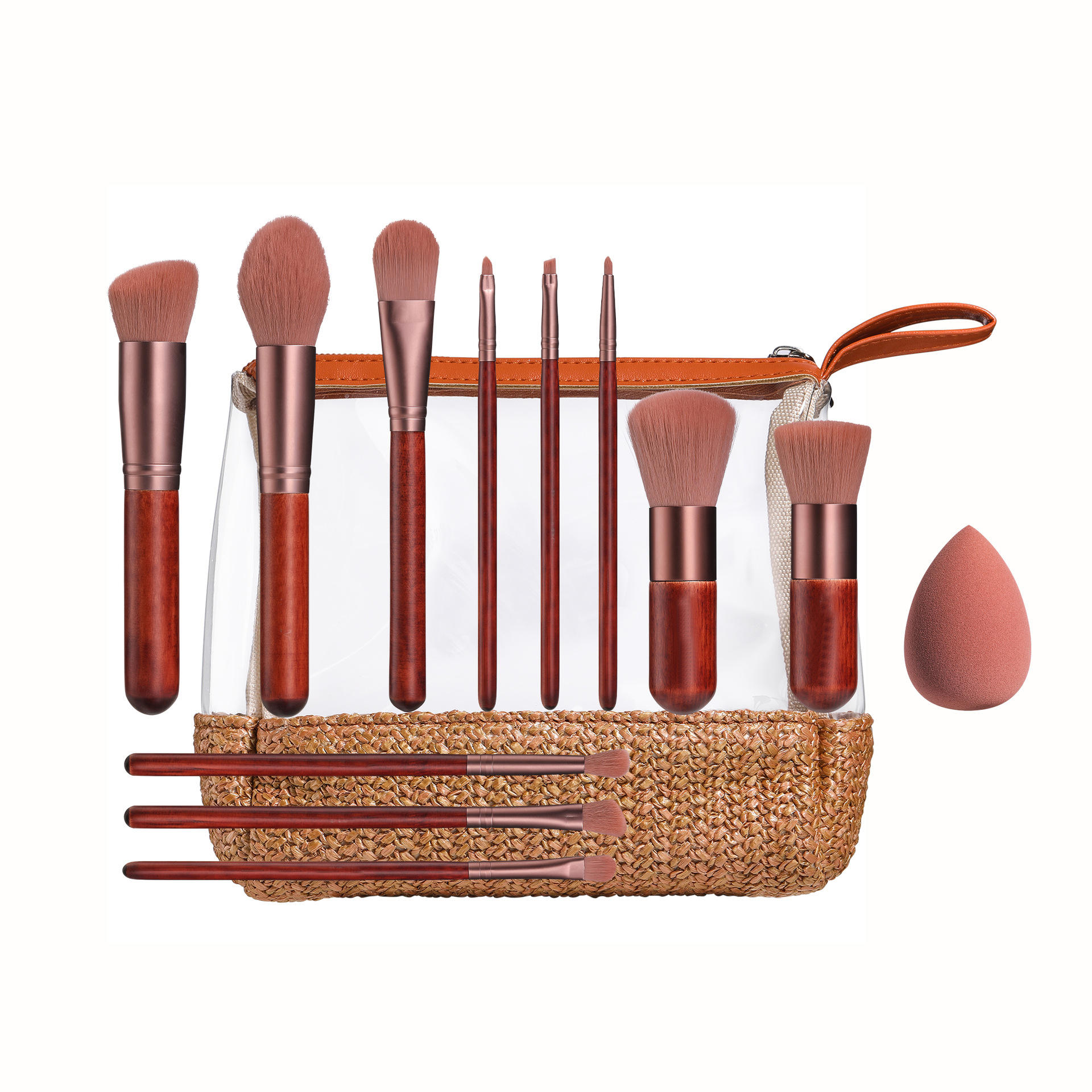 11pcs Private Label Makeup Brush Wood Brown Red Brush Custom Logo Makeup Brushes Set With Sponge And Bag