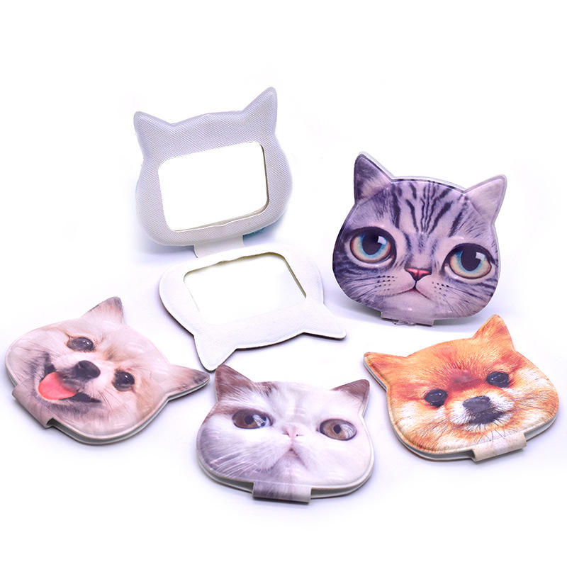 Custom Logo Cat Shape PU Leather Portable Compact Mirrors Animal Pattern Cosmetic Hand Held Mini Pocket Mirror