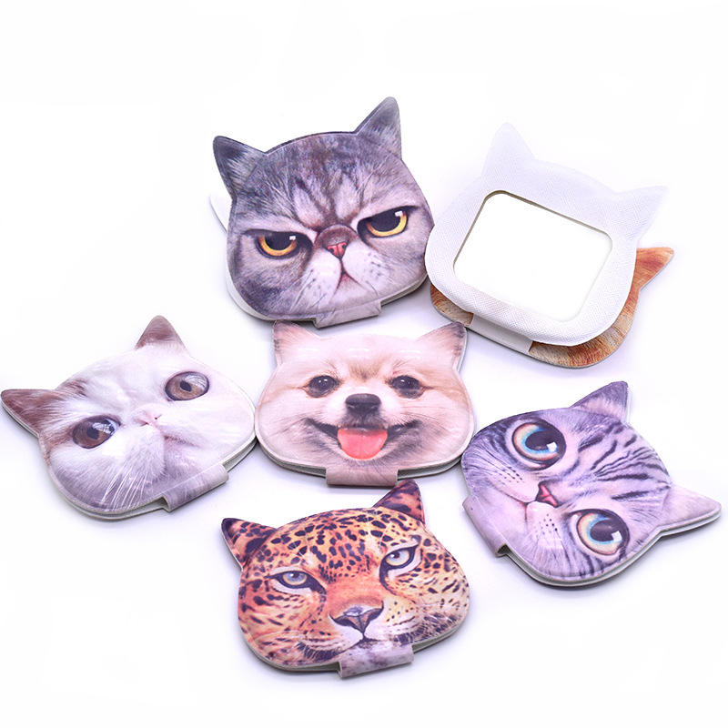 Custom Logo Cat Shape PU Leather Portable Compact Mirrors Animal Pattern Cosmetic Hand Held Mini Pocket Mirror