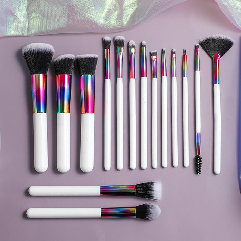 15pcs Special Design Cosmetic Brushes Natural Nylon Hair Foundation Colorful White Laser Makeup Brush Set With Bag