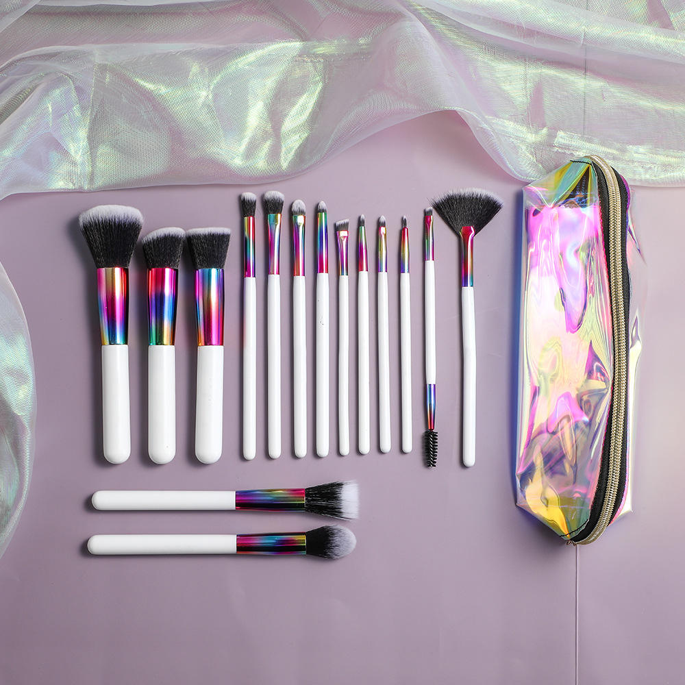 15pcs Special Design Cosmetic Brushes Natural Nylon Hair Foundation Colorful White Laser Makeup Brush Set With Bag