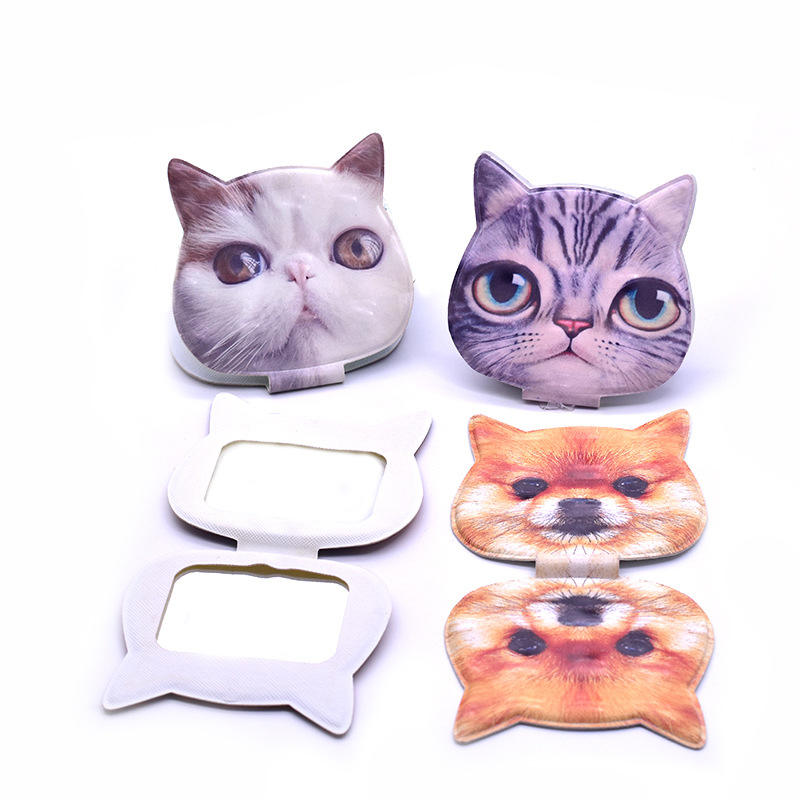 Custom Logo Cat Shape PU Leather Portable Compact Mirrors Animal Pattern Cosmetic Hand Held Mini Pocket Mirror