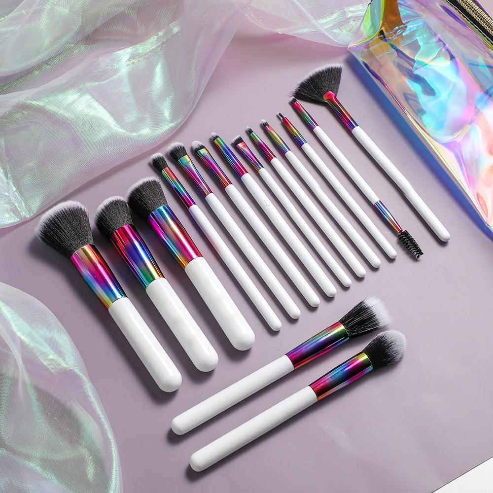 15pcs Special Design Cosmetic Brushes Natural Nylon Hair Foundation Colorful White Laser Makeup Brush Set With Bag