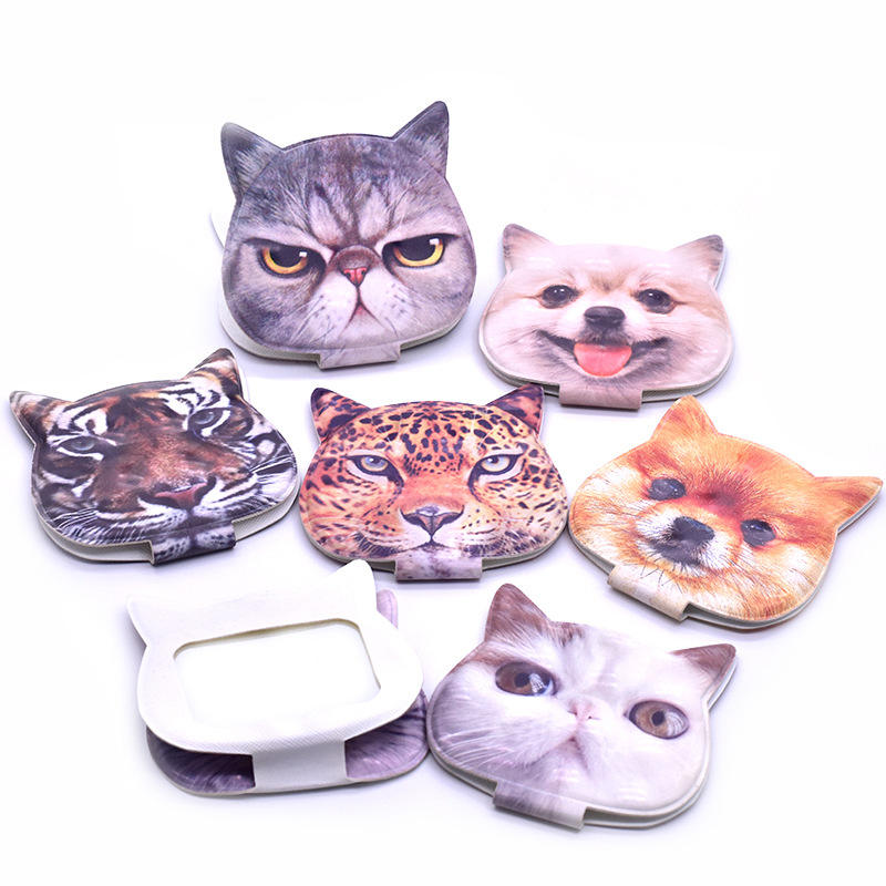 Custom Logo Cat Shape PU Leather Portable Compact Mirrors Animal Pattern Cosmetic Hand Held Mini Pocket Mirror