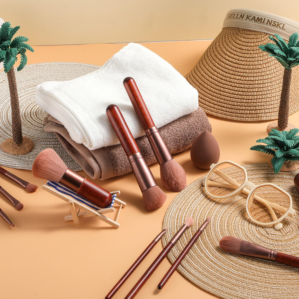 11pcs Private Label Makeup Brush Wood Brown Red Brush Custom Logo Makeup Brushes Set With Sponge And Bag