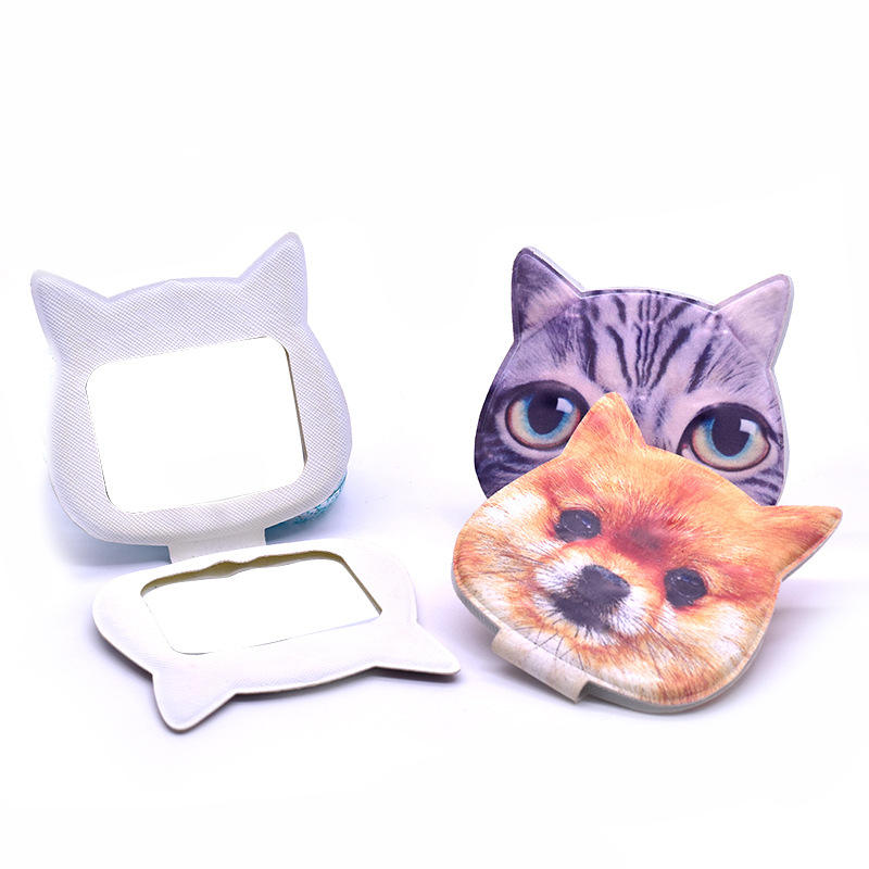 Custom Logo Cat Shape PU Leather Portable Compact Mirrors Animal Pattern Cosmetic Hand Held Mini Pocket Mirror