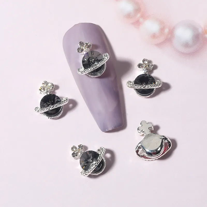 Alloy Diamond Saturn Shape Jewelry Rhinestones Nails Art Decorations Luxury Metal Planet Nail Charms